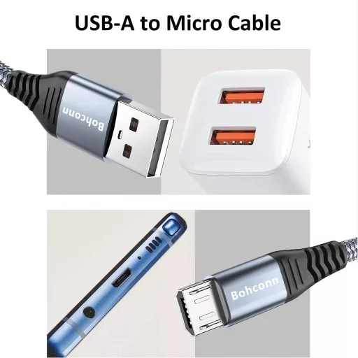 Bohconn Micro USB kábel 9m szürke nylon töltőkábel Samsung Huawei Redmi
