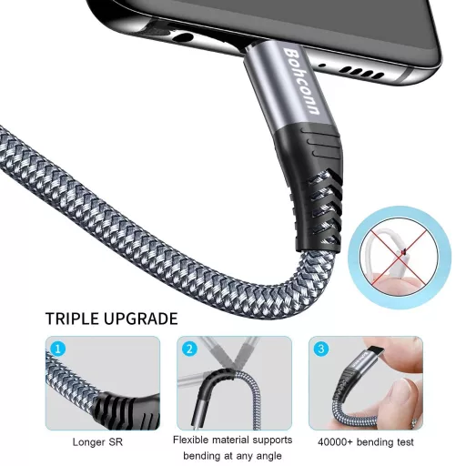 Bohconn Micro USB kábel 9m szürke nylon töltőkábel Samsung Huawei Redmi