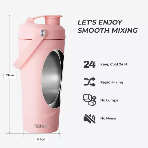 Autsel Rozsdamentes Acél Protein Shaker 750ml - Vákuumszigetelt Keverőpalack Keverőgömbbel, BPA-mentes Fitness Italkeverő