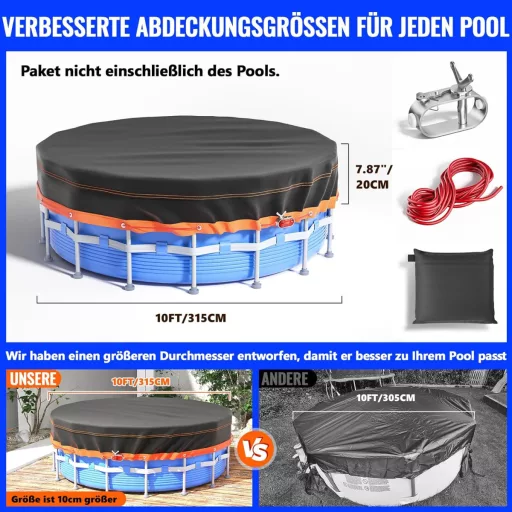Husă piscină rotundă 315 cm, impermeabilă, material Oxford, negru