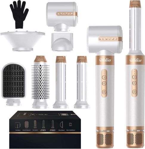 Set de coafat 7 în 1 UKLISS 1400W - Uscător de păr cu difuzor, perie rotundă, placă de îndreptat părul, ondulator automat, motor de 110.000 RPM, 3 trepte de căldură
