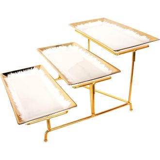   jinsongdafa 3 szintes porcelán tálca szett arany peremmel és állvánnyal