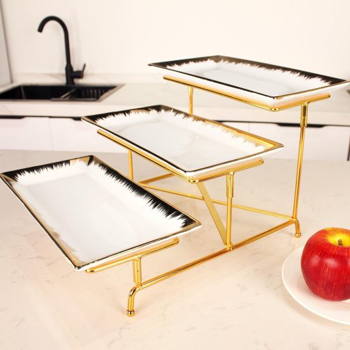 jinsongdafa 3 szintes porcelán tálca szett arany peremmel és állvánnyal