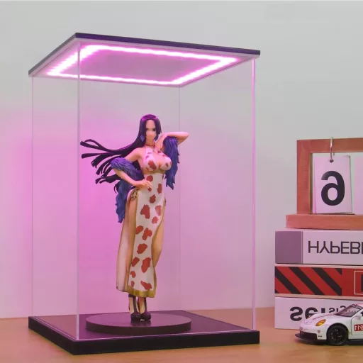 Huijintao Akril Vitrin LED Világítással - 35x35x35 cm Átlátszó Kiállítódoboz Modellautókhoz, Figurákhoz, Gyűjteményekhez - Asztali Tárolódob