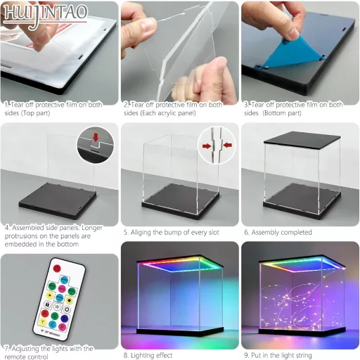 Vitrină acrilică Huijintao cu LED - 35x35x35 cm, cutie de expoziție transparentă pentru mașini de colecție, figurine, colecții - Cutie de depozitare de masă
