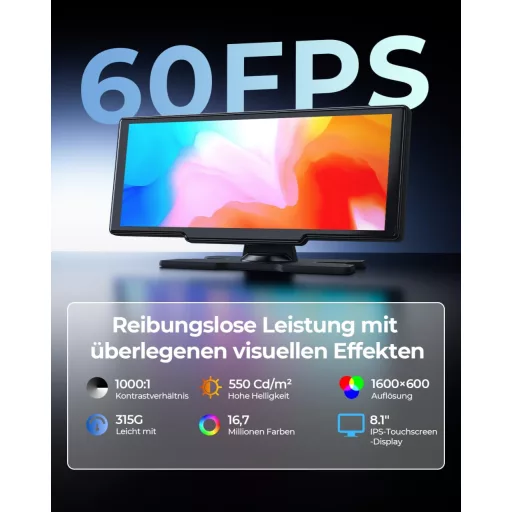 Krunia 8,1" Bezdrôtový Prenosný Auto Displej 60FPS - Podpora Apple CarPlay & Android Auto, cúvacia kamera, GPS navigácia, hlasové ovládanie