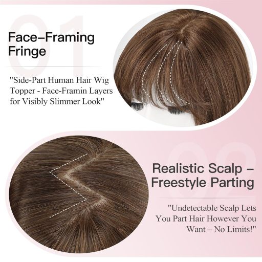 EMMOR Perucă din Păr Natural Uman pentru Femei - Bob de 25 cm cu Breton, Bază de 16,5×16,5 cm, Extensie de Păr Maro