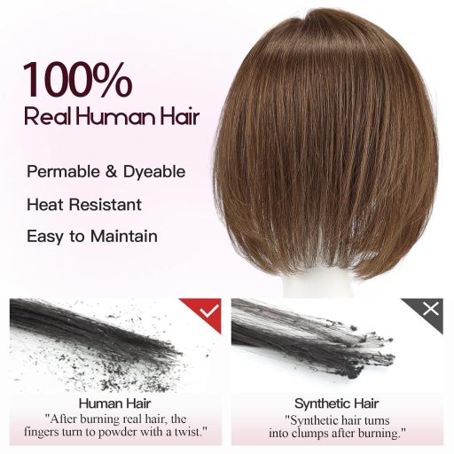 EMMOR Perucă din Păr Natural Uman pentru Femei - Bob de 25 cm cu Breton, Bază de 16,5×16,5 cm, Extensie de Păr Maro