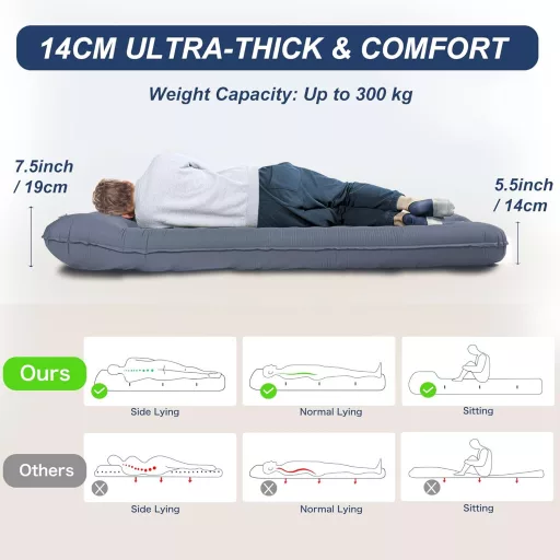 Saltea de camping autogonflabilă Origem, 14 cm, pentru 2 persoane, sac de dormit ultralejer cu pompă de picior.