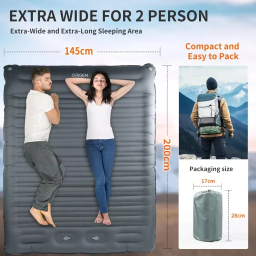 Saltea de camping autogonflabilă Origem, 14 cm, pentru 2 persoane, sac de dormit ultralejer cu pompă de picior.