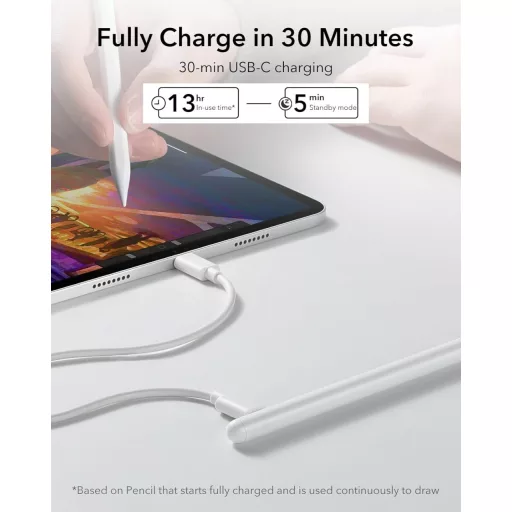 ESR iPad Ceruza 2018-2025 Modellekhez - Dőlésérzékelős Digitális Toll Tenyérfelismeréssel, iPad 11/10/Air/Pro/Mini Kompatibilis, Fehér