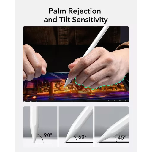 ESR iPad Ceruza pre modely 2018-2025 - Digitálne pero s detekciou náklonu a funkciou Palm Rejection, kompatibilné s iPad 11/10/Air/Pro/Mini, biele