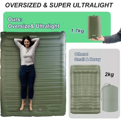 Samonafukovacia karimatka Origem pre 2 osoby, 14 cm, ultraľahká kempingová karimatka s nožnou pumpou na turistiku s batohom a do stanu.