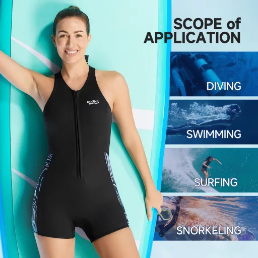 Costum de neopren scurt pentru femei X-mAnTA, 2mm - Albastru, cu fermoar frontal, costum de scufundări pentru înot, surfing, scufundări și snorkeling - XS