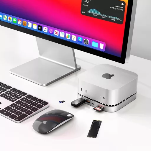 RayCue Mac Mini M4 dokkoló alumínium állvánnyal, HDMI hub, SSD ház és USB-C töltéssel