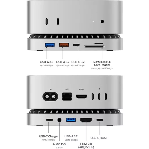 RayCue Mac Mini M4 dokkoló alumínium állvánnyal, HDMI hub, SSD ház és USB-C töltéssel