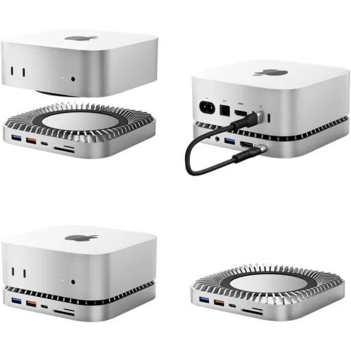 RayCue Mac Mini M4 dokkoló alumínium állvánnyal, HDMI hub, SSD ház és USB-C töltéssel