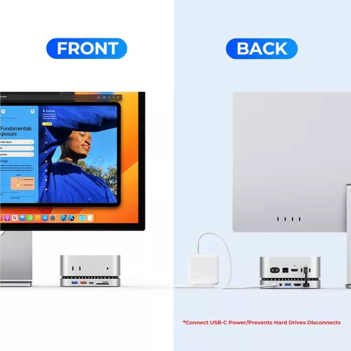 RayCue Mac Mini M4 dokkoló alumínium állvánnyal, HDMI hub, SSD ház és USB-C töltéssel