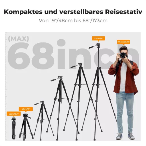 Trepied foto ușor K&F CONCEPT S254A3 172 cm, cu suport pentru telefon și geantă