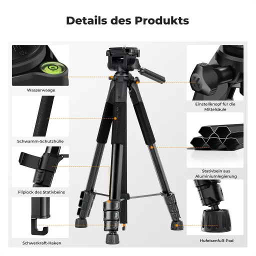 K&F CONCEPT S254A3 Könnyű Kamera Tripod 172cm, Telefontartóval és Táskával