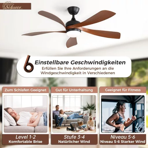 Stropný ventilátor Sofucor 132 cm so svetlom, diaľkovým ovládaním, 6 rýchlosťami a časovačom, do spálne