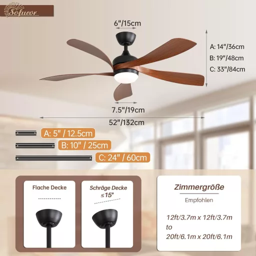Stropný ventilátor Sofucor 132 cm so svetlom, diaľkovým ovládaním, 6 rýchlosťami a časovačom, do spálne