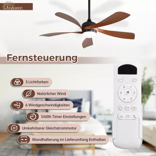 Stropný ventilátor Sofucor 132 cm so svetlom, diaľkovým ovládaním, 6 rýchlosťami a časovačom, do spálne