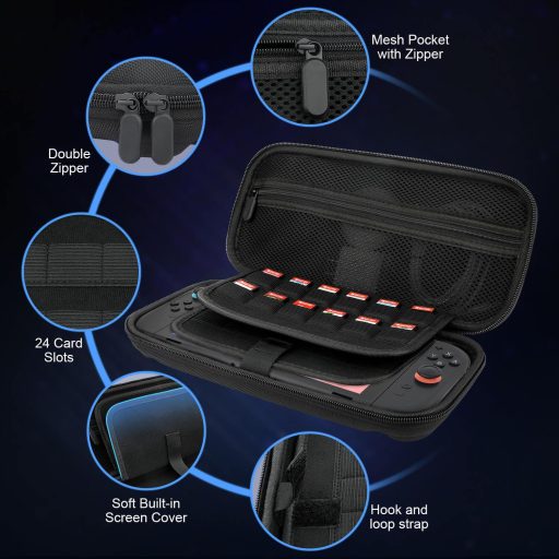 Geantă de transport Gamorek pentru Nintendo Switch 2 cu spațiu de stocare pentru 24 de jocuri și compartimente pentru accesorii