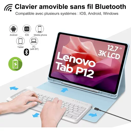 IVEOPPE Lenovo Tab P12 12.7" Leválasztható AZERTY Billentyűzet Tok Égkék
