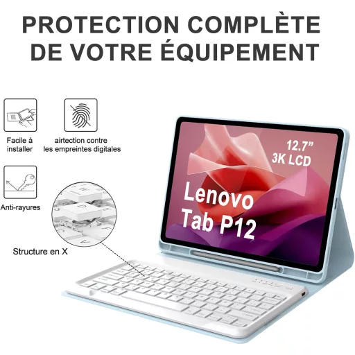 IVEOPPE Lenovo Tab P12 12.7" Leválasztható AZERTY Billentyűzet Tok Égkék