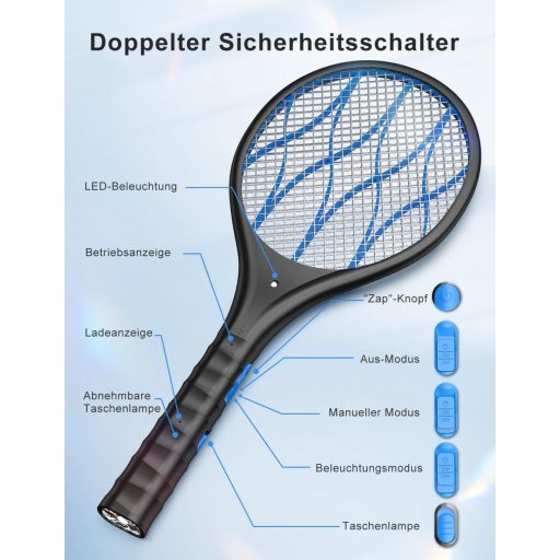 AROEVE Elektromos Légyfogó 4000V USB Töltéssel LED Lámpával Háromrétegű Védőhálóval