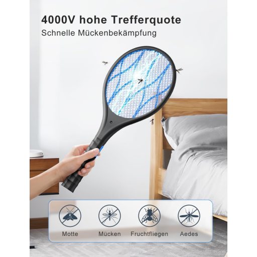 AROEVE Elektromos Légyfogó 4000V USB Töltéssel LED Lámpával Háromrétegű Védőhálóval