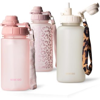   MAMEIDO detská fľaša na vodu so slamkou 500 ml, materiál Tritan, nepriepustná, bez BPA, plameniaková ružová