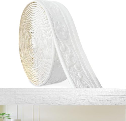 MeYuxg Öntapadós Fehér Díszítőszegély - 10m x 8cm x 4mm - 3D Habszivacs Falszegély Dekoráció Falakhoz, Lépcsőkhöz, Tükörhöz, Mennyezethez