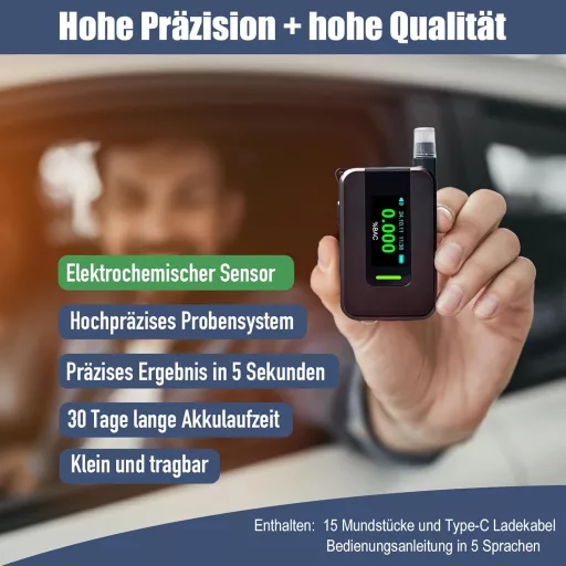 TOWALIVE Alkoholteszter Elektrokémiai Szenzorral, Pontos Alkoholmérő IPS Kijelzővel és 15 Szájfészekkel