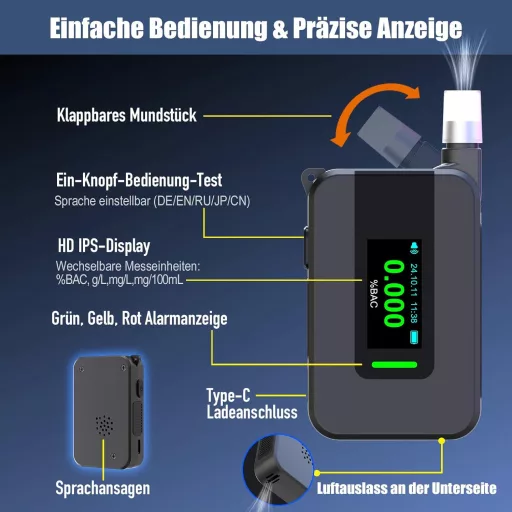TOWALIVE Alkoholteszter Elektrokémiai Szenzorral, Pontos Alkoholmérő IPS Kijelzővel és 15 Szájfészekkel