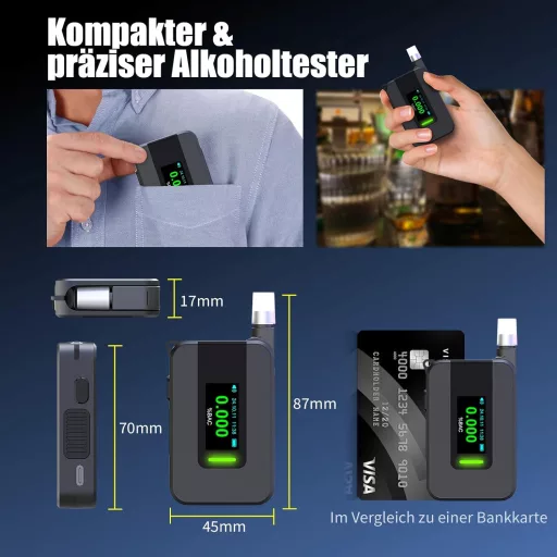 TOWALIVE Alkoholteszter Elektrokémiai Szenzorral, Pontos Alkoholmérő IPS Kijelzővel és 15 Szájfészekkel