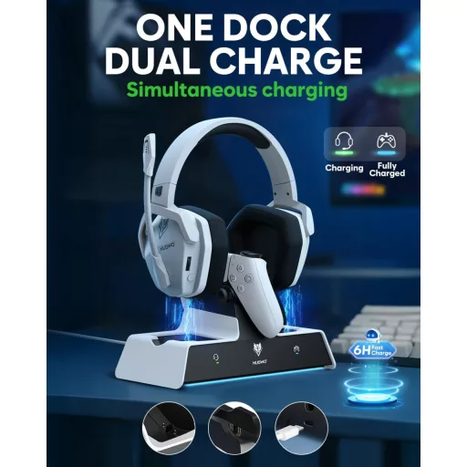 Căști gaming wireless NUBWO G06 Pro pentru PS5, drivere de 50mm, autonomie 120 de ore, stație de încărcare