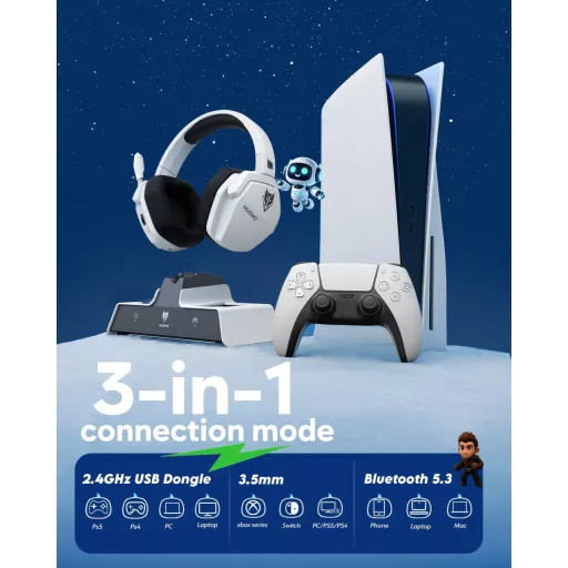 NUBWO G06 Pro Wireless Gaming Headset PS5 50mm, 120 órás akkumulátor, töltőállomás