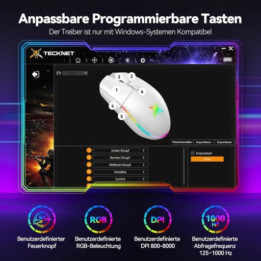 Mouse Gaming Wireless TECKNET RGB 2.4G 8000 DPI Reîncărcabil Ultralight