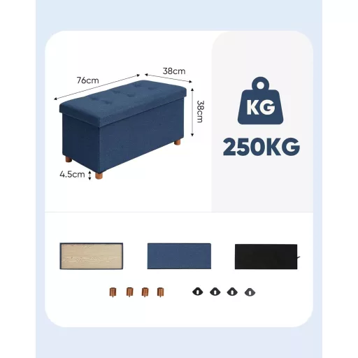 Bonlife Tárrolós Pad Kék 76x38x38cm Összecsukható Tárolóláda