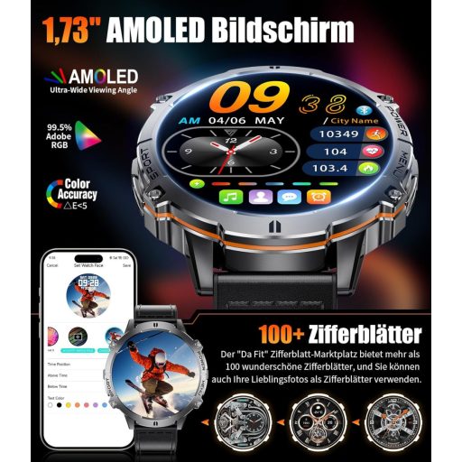 LIGE Smartwatch Férfi Okosóra 1.73" AMOLED Kijelző 110+ Sportmód IP68 Vízálló Pulzusmérő