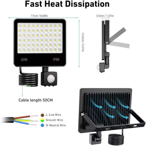 LAMLAMCK 50W LED Mozgásérzékelős Reflektor 5000LM 6500K Hideg Fehér IP66 Vízálló Kültéri Lámpa 2db