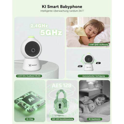 COCOCAM 2K 4MP Babamonitor 5" Kijelzővel, Wi-Fi, Éjszakai Látás és Mozgáskövetés