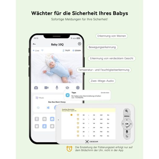 COCOCAM 2K 4MP Babamonitor 5" Kijelzővel, Wi-Fi, Éjszakai Látás és Mozgáskövetés