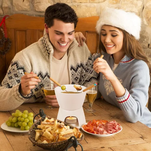 Set Fondue Ceramică Bohrma pentru Ciocolată și Brânză cu Vas și Lumânare, Alb