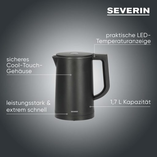 SEVERIN Cool-Touch Vízforraló 1,7L LED Hőmérsékleti Kijelzővel Fekete