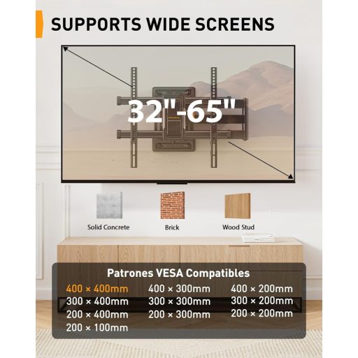 Perlegear Mozgatható TV Fali Tartó 32-65 Colos Tévéhez, 60kg Terhelhetőség, ±90° Forgatható