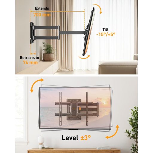 Perlegear Mozgatható TV Fali Tartó 32-65 Colos Tévéhez, 60kg Terhelhetőség, ±90° Forgatható