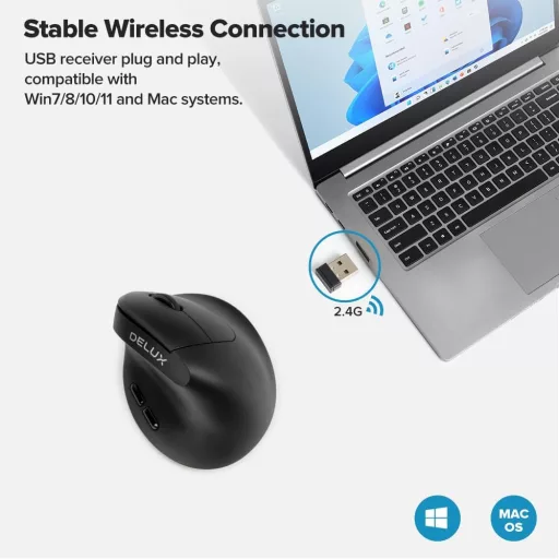 Mouse Vertical Ergonomic Fără Fir DELUX pentru Mâini Mici, 6 Butoane, 2400 DPI